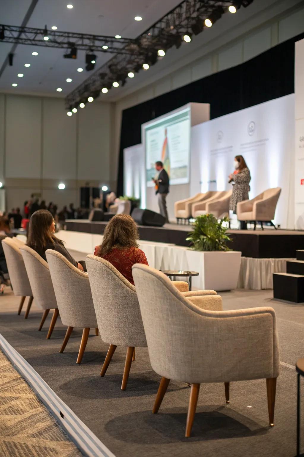 Modern seating furnishes style and comfort for attendees.