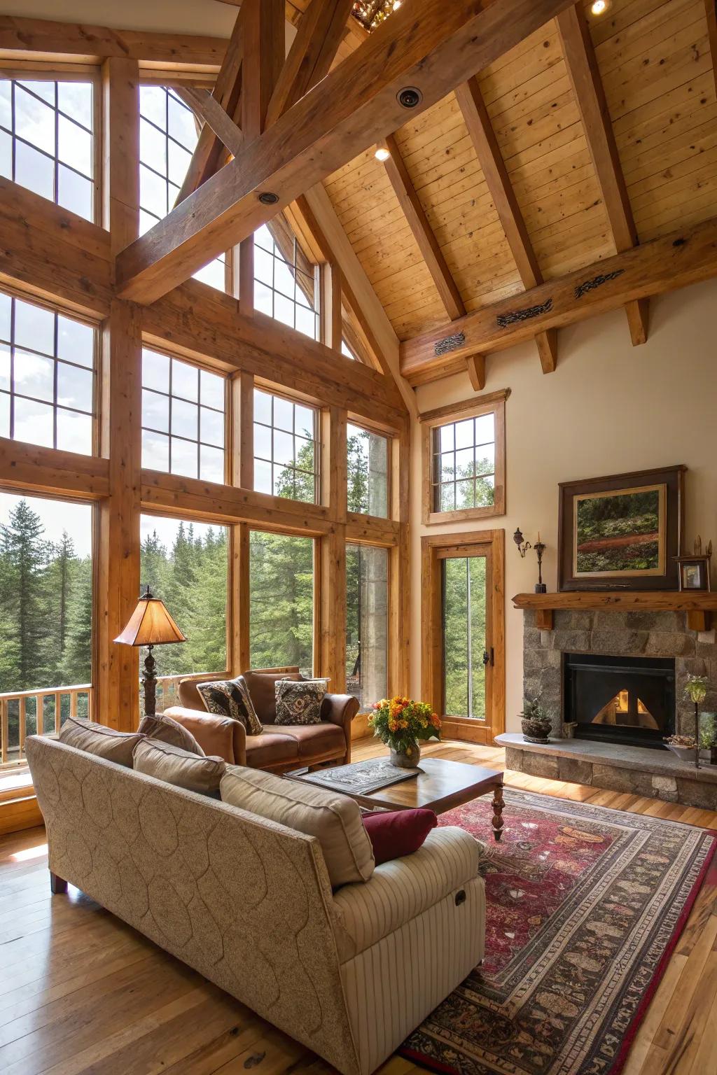 A bright and airy living area boasting wooden beams and expansive windows.