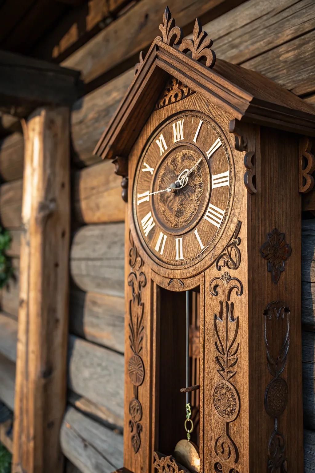 Timeless craftsmanship meets functional elegance in this wood-burned wall clock.