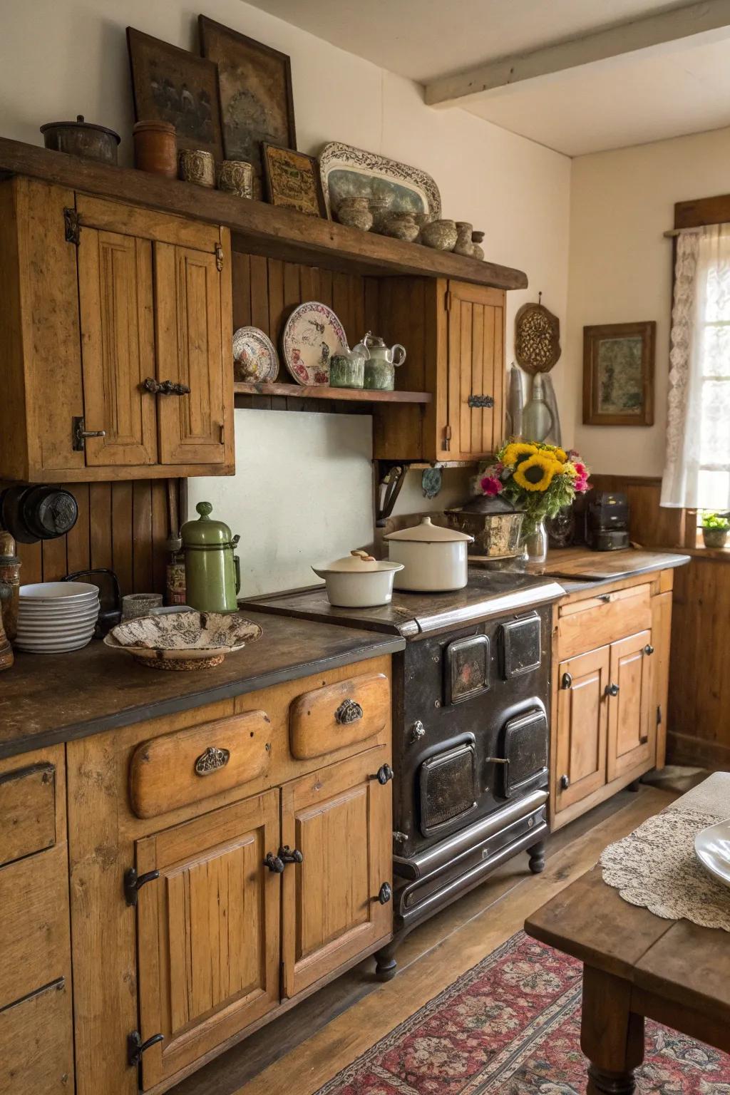 A vintage timber hue conveying antiquity and charm to the cooking area.