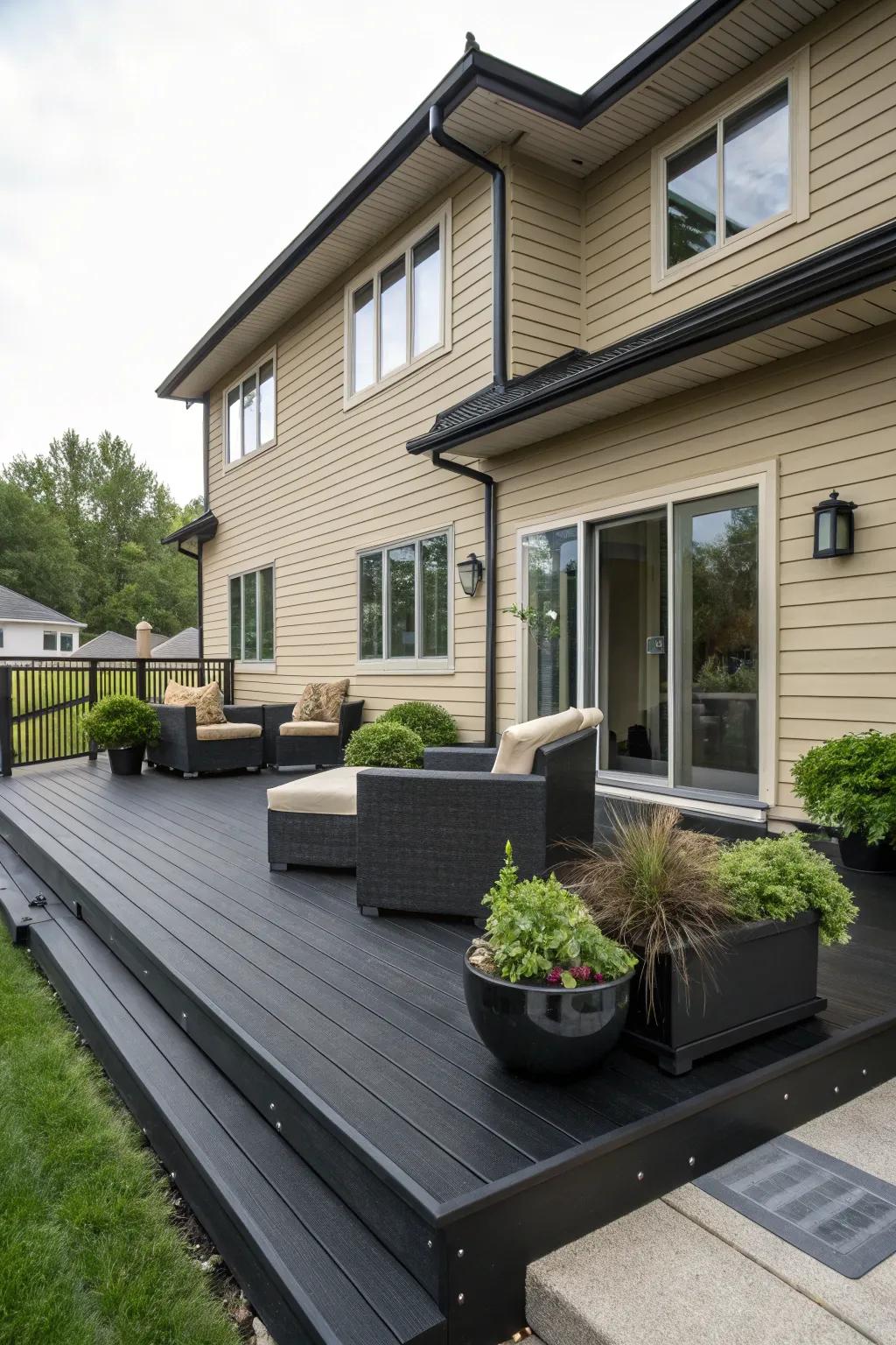 A black deck offers a striking contrast to a tan house, creating a dramatic visual impact.