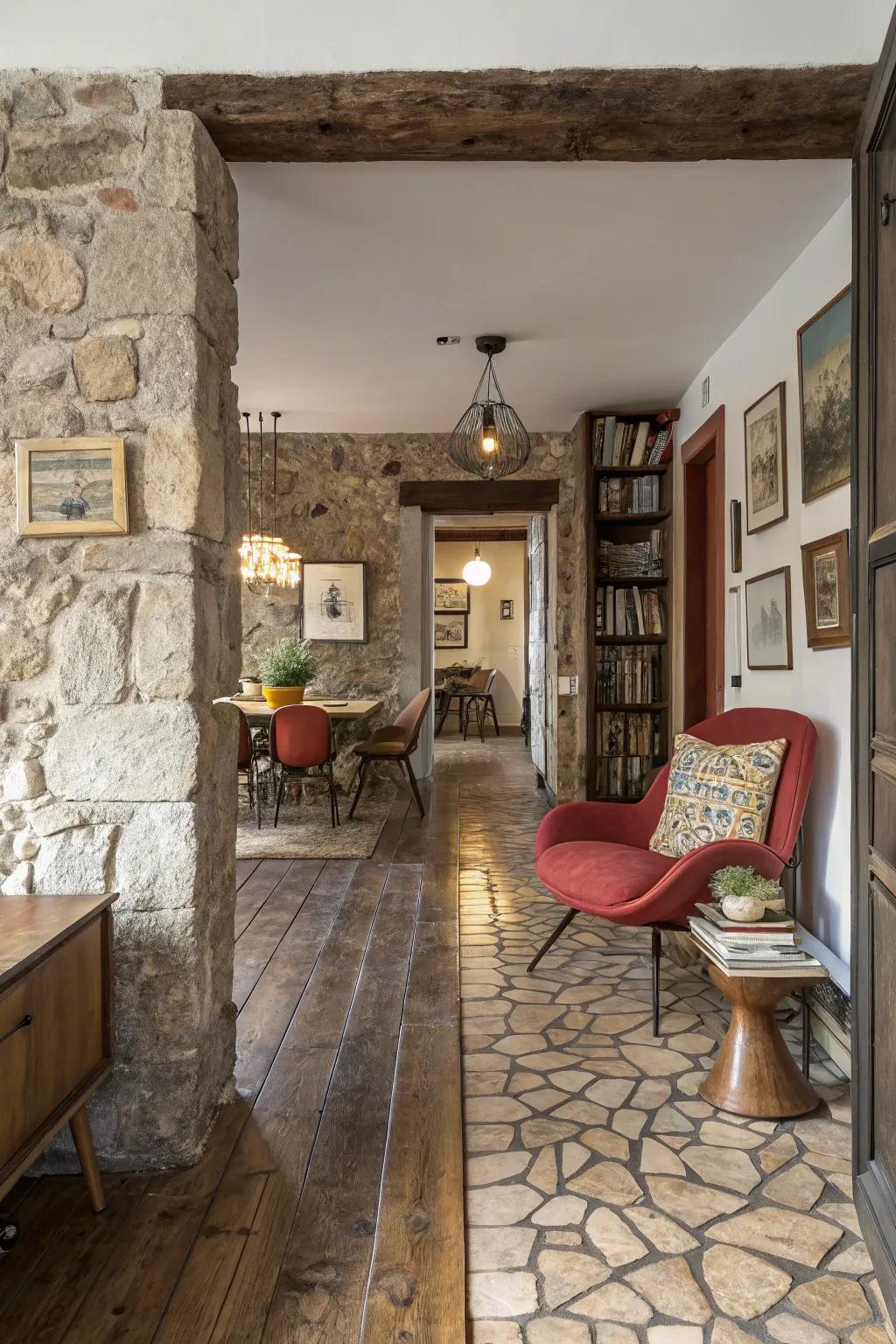 An eclectic interior showcases a textured transition from stone to wood flooring.