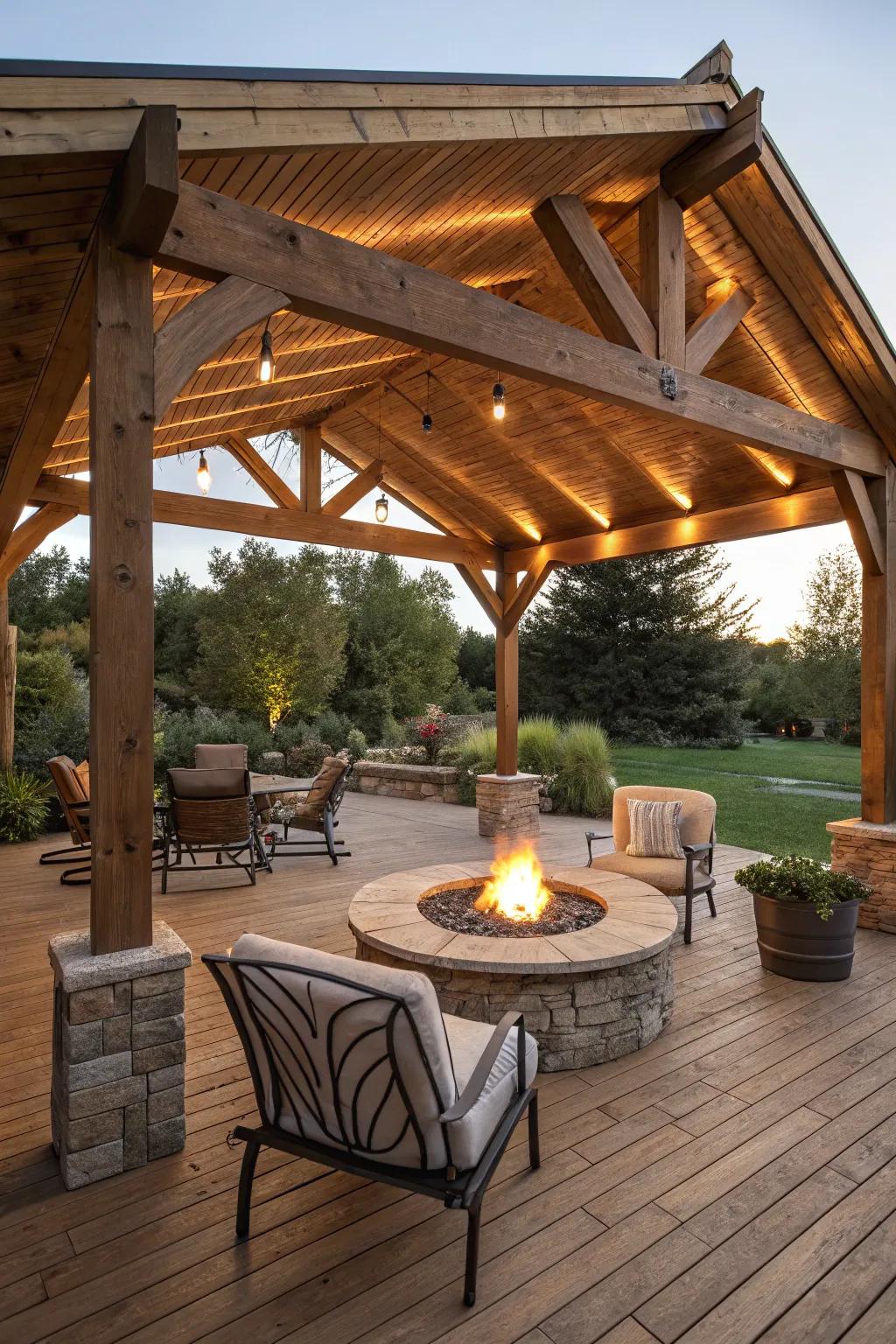 A welcoming patio cover with a glowing fire pit.