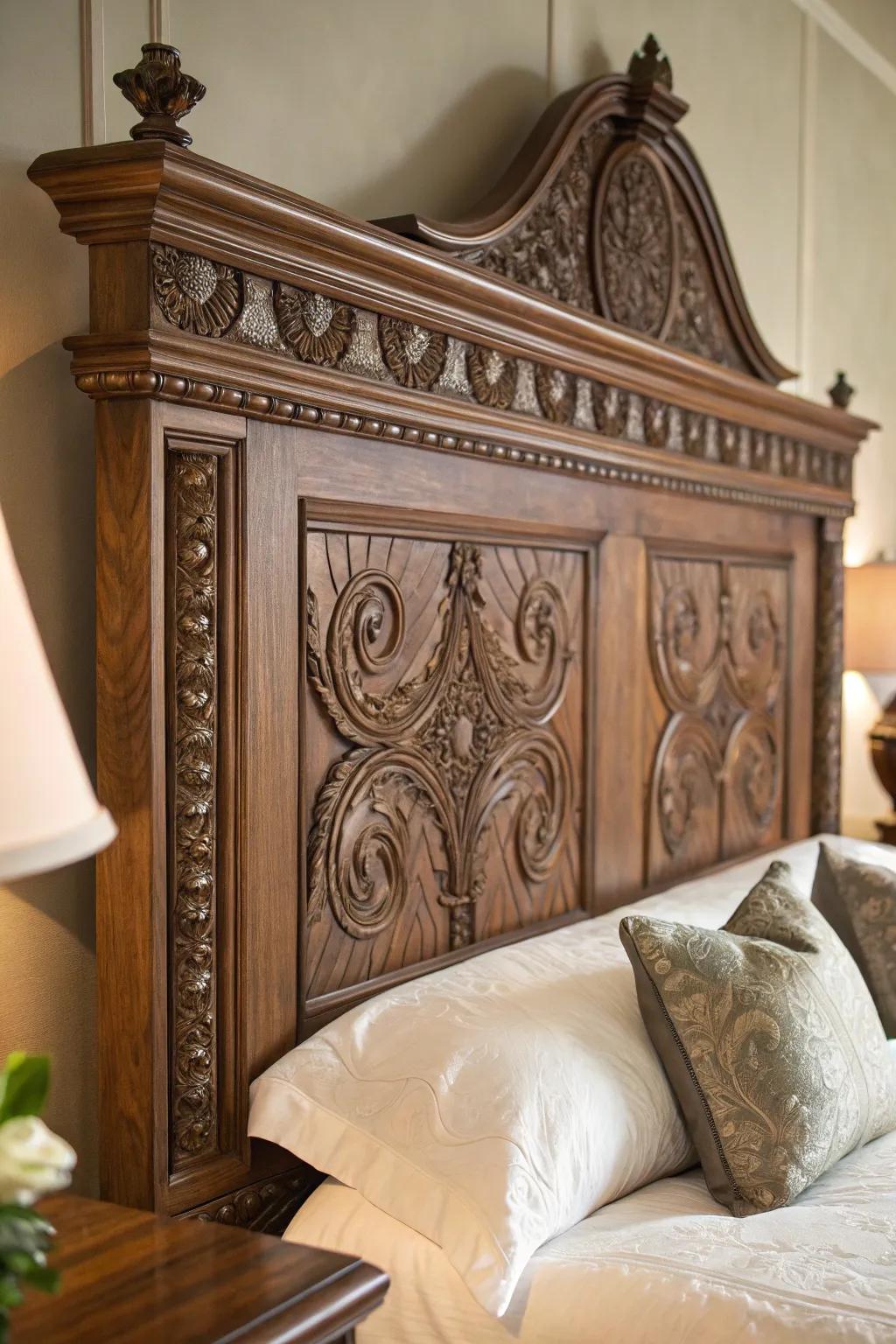 Elevate your bedroom with this handcrafted wooden headboard, a masterpiece of artisanal elegance.