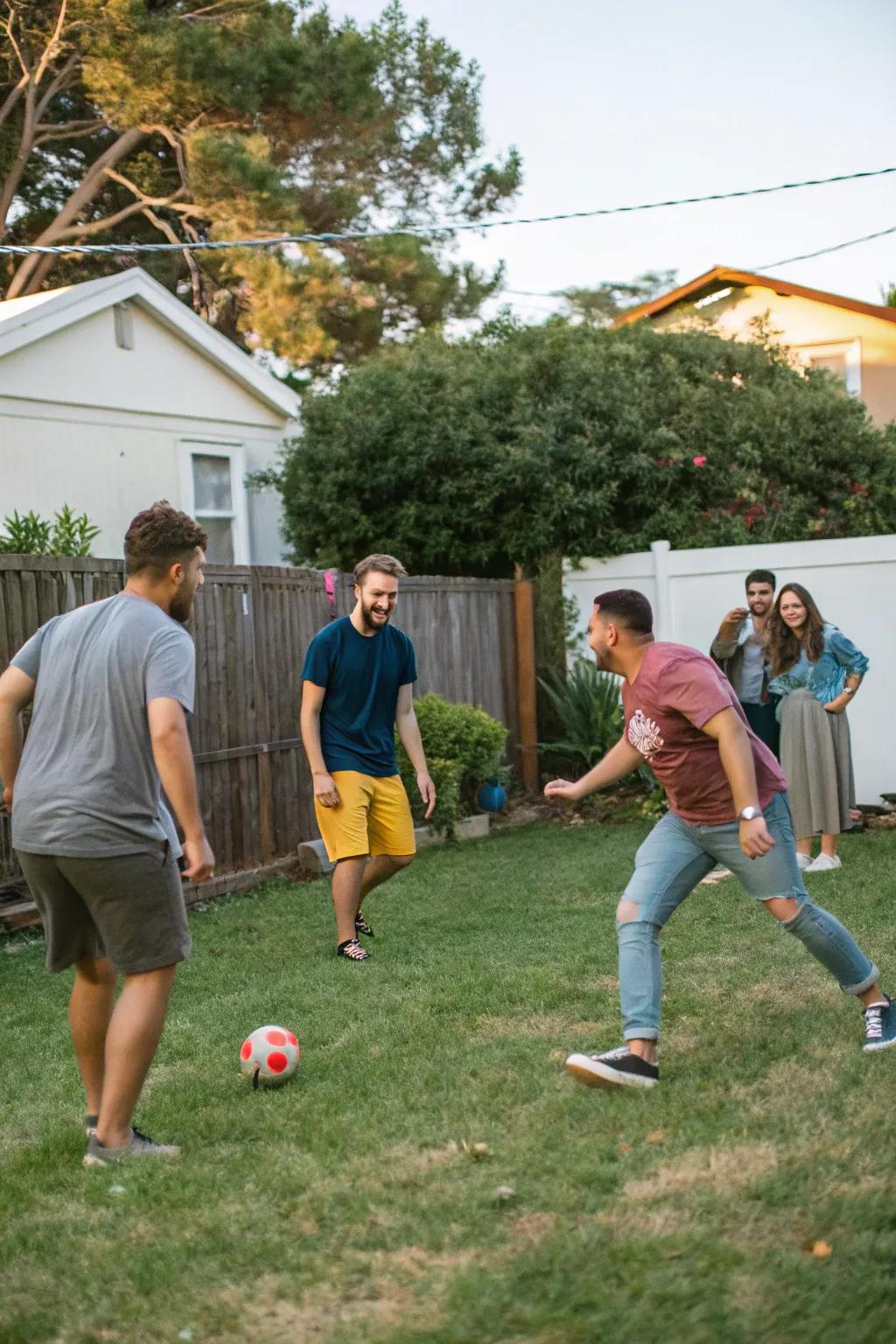 Guests participating in a friendly athletic match in the backyard.