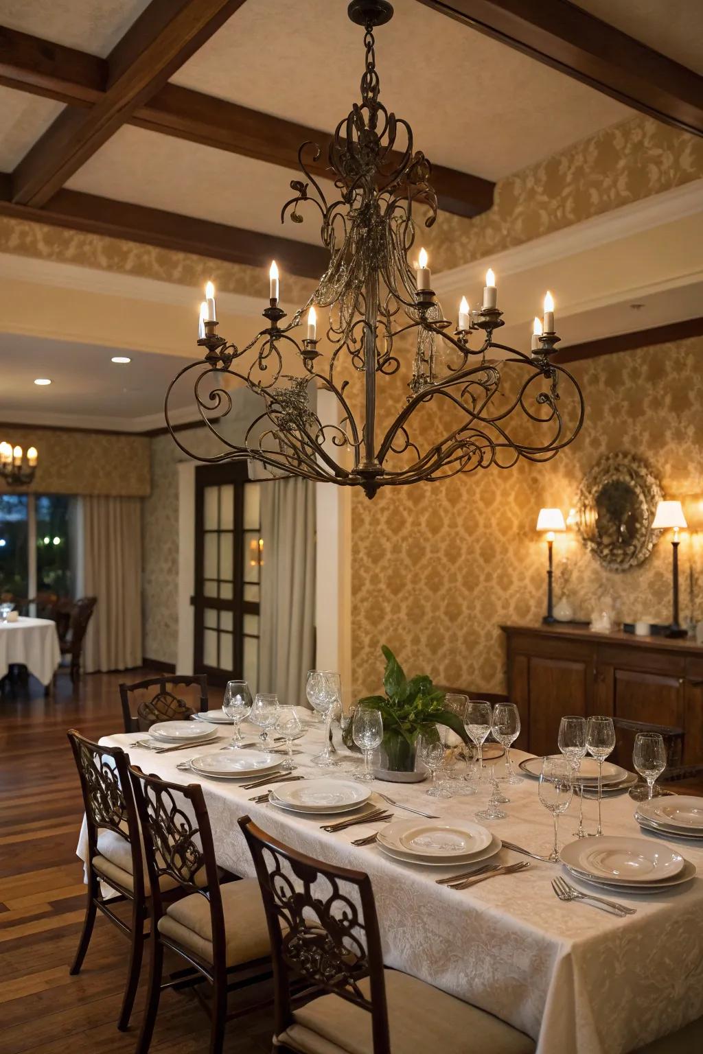 A forged iron chandelier introduces a striking point of interest.
