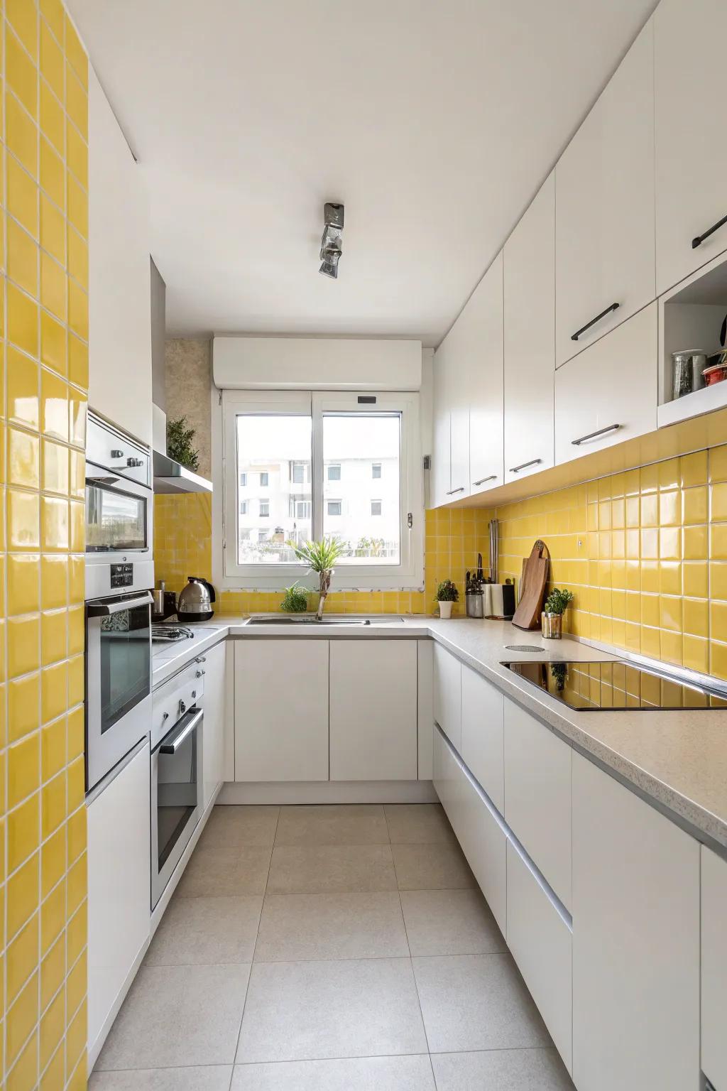 A minimalist goldenrod backsplash adds subtle color to this cooking space.