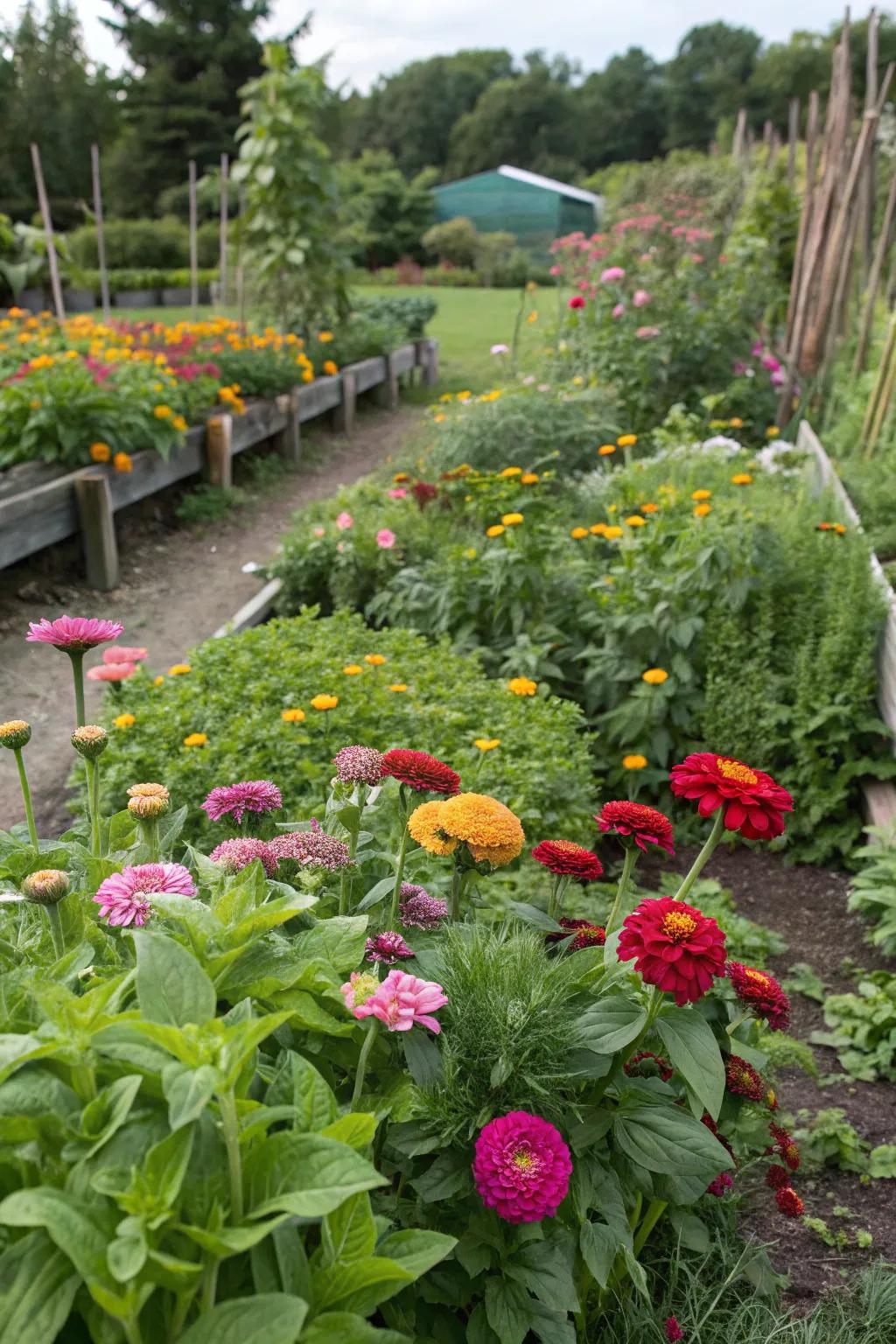 A vibrant edible garden, showcasing Glowblooms amidst an array of herbs and vegetables.