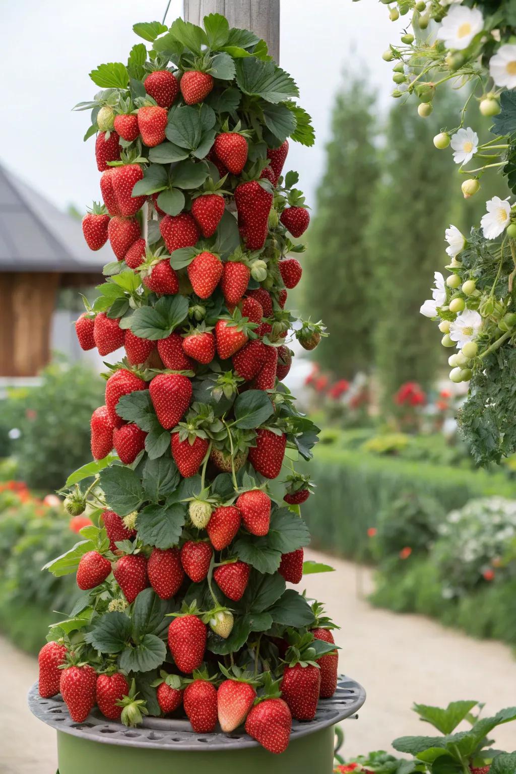 A strawberry tower delivers vertical gardening pleasure.