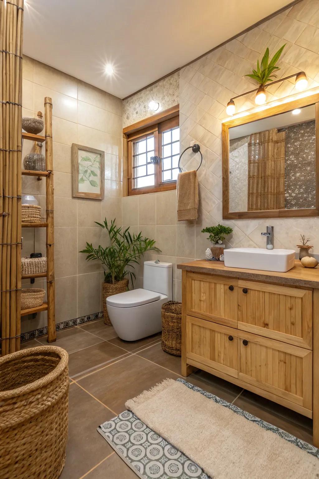 A bathroom that features eco-friendly materials and natural designs.