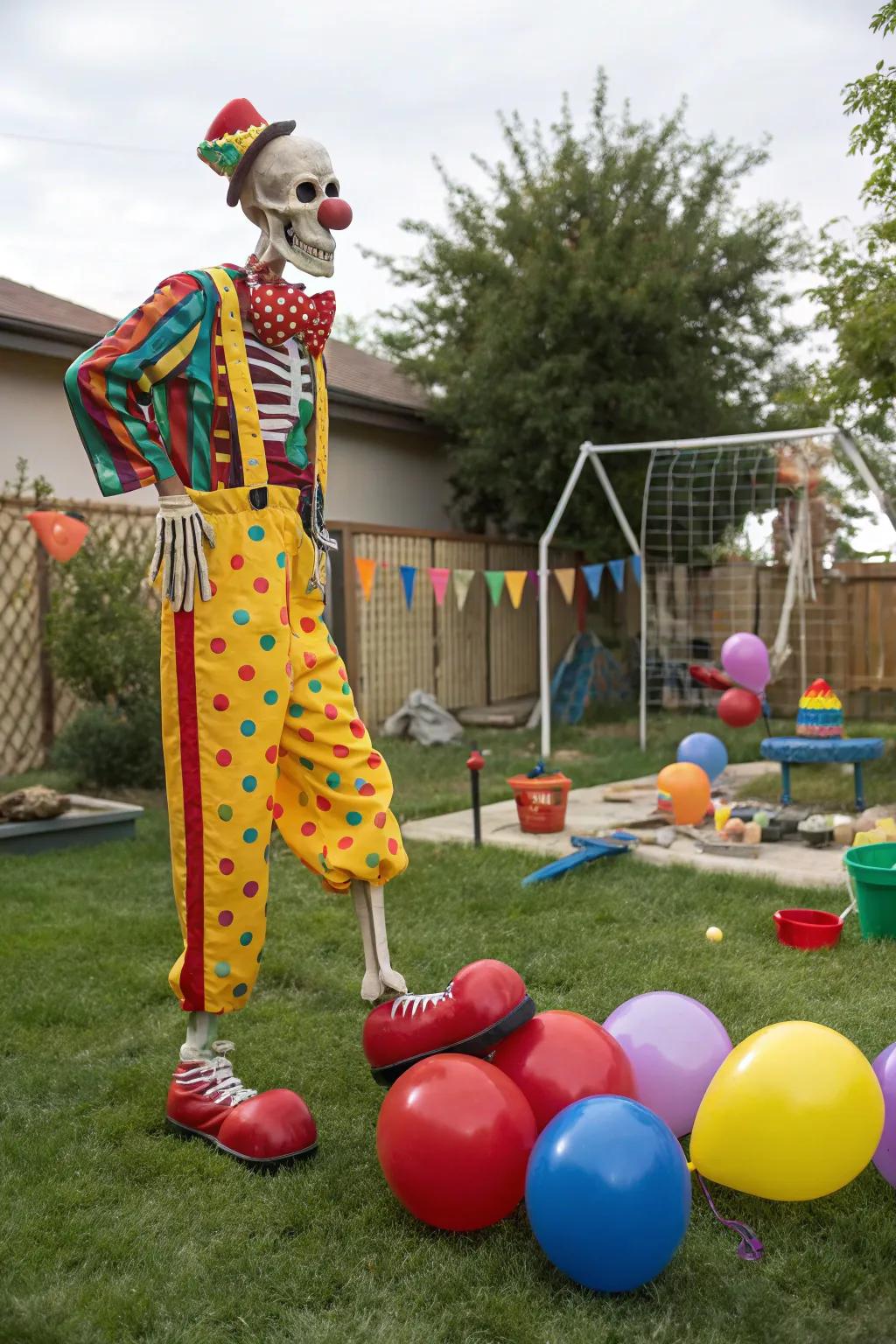 A jester-themed skeleton infuses humor into Halloween.