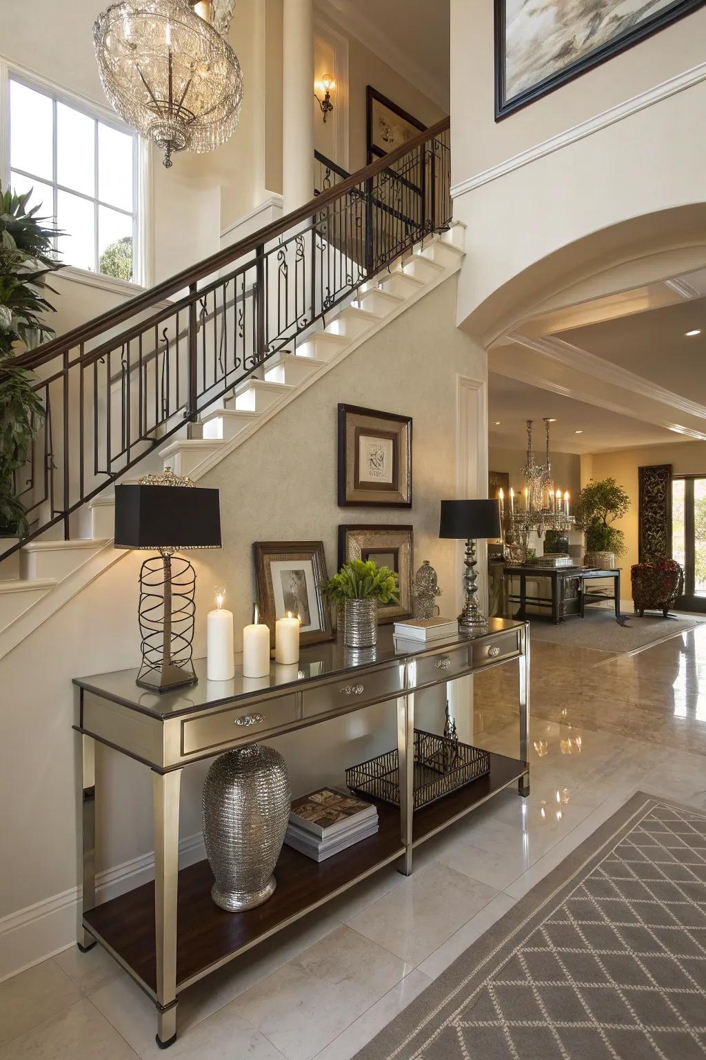 Practical furnishings like a console add visual appeal and functionality.