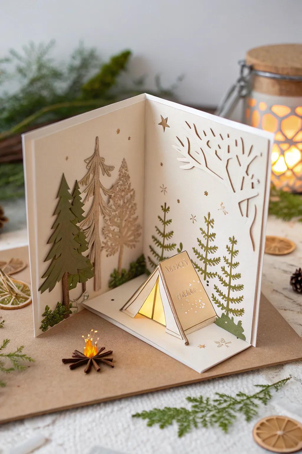 Open a window to a tranquil world with this exquisite pop-up campsite card. Perfect for those who cherish simplicity and craftsmanship.