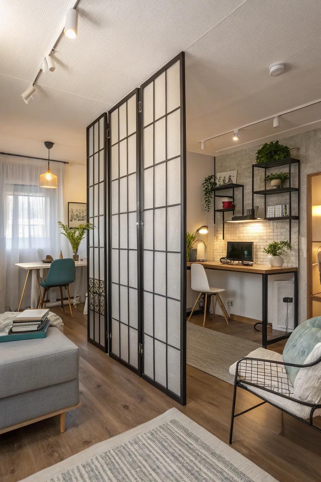 Portable partitions define spaces without permanent walls.