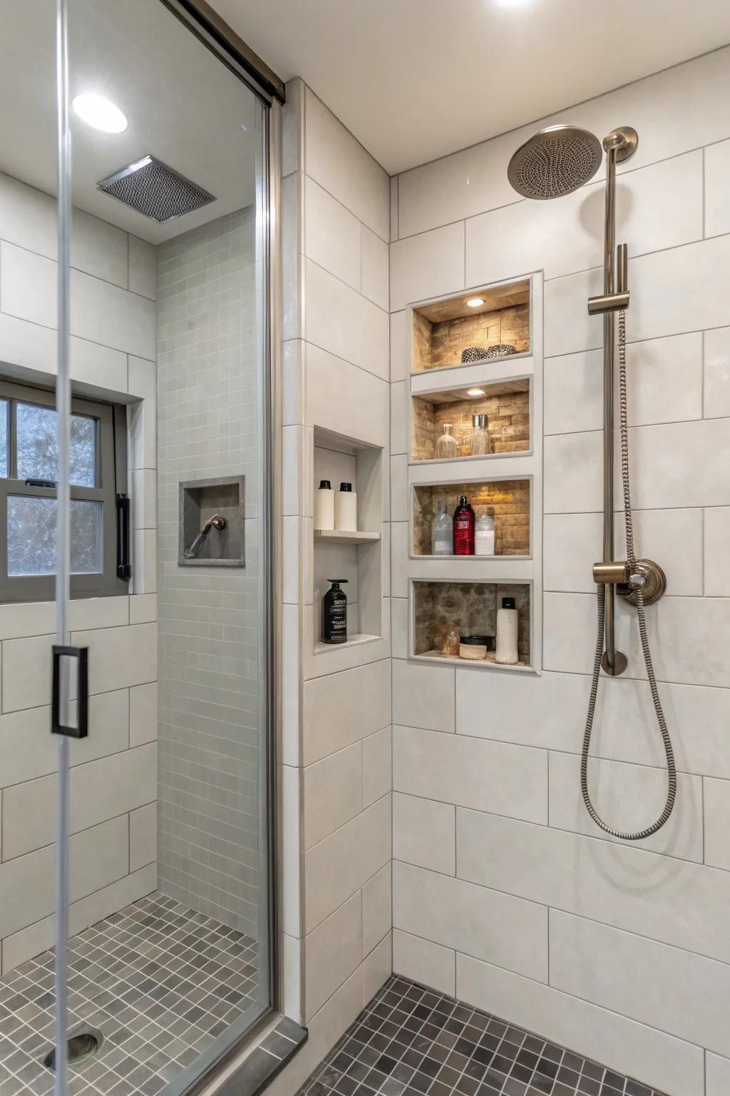 Built-in niches represent functional and fashionable storage alternatives.