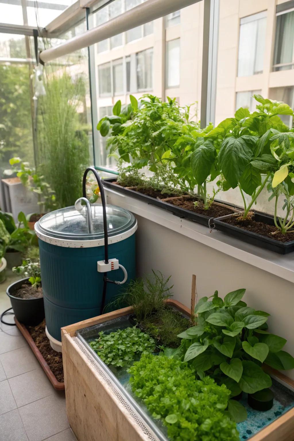 Aquaponics combine water reserves with indoor gardening, offering both utility and charm.