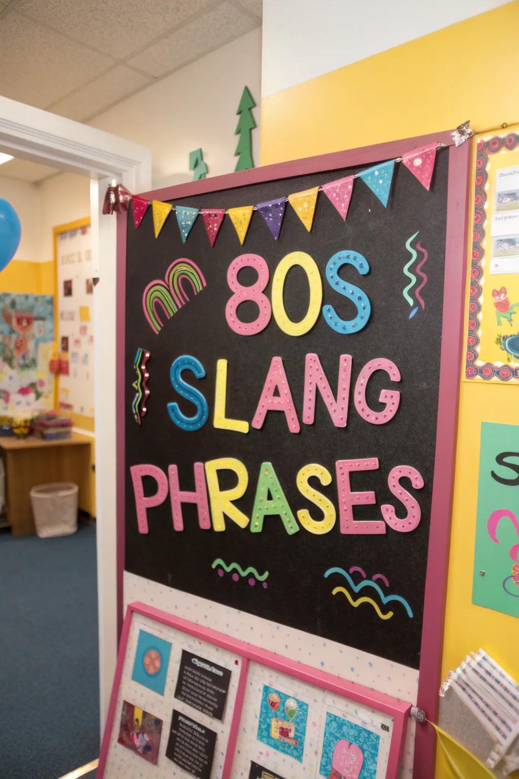 80s slang terms showcased in playful fonts on a pinboard.