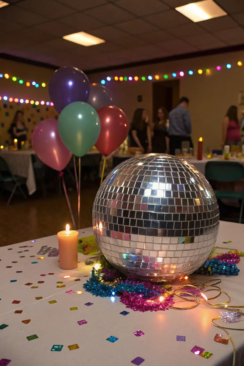 A disco ball centerpiece sets the stage for fun and dance.