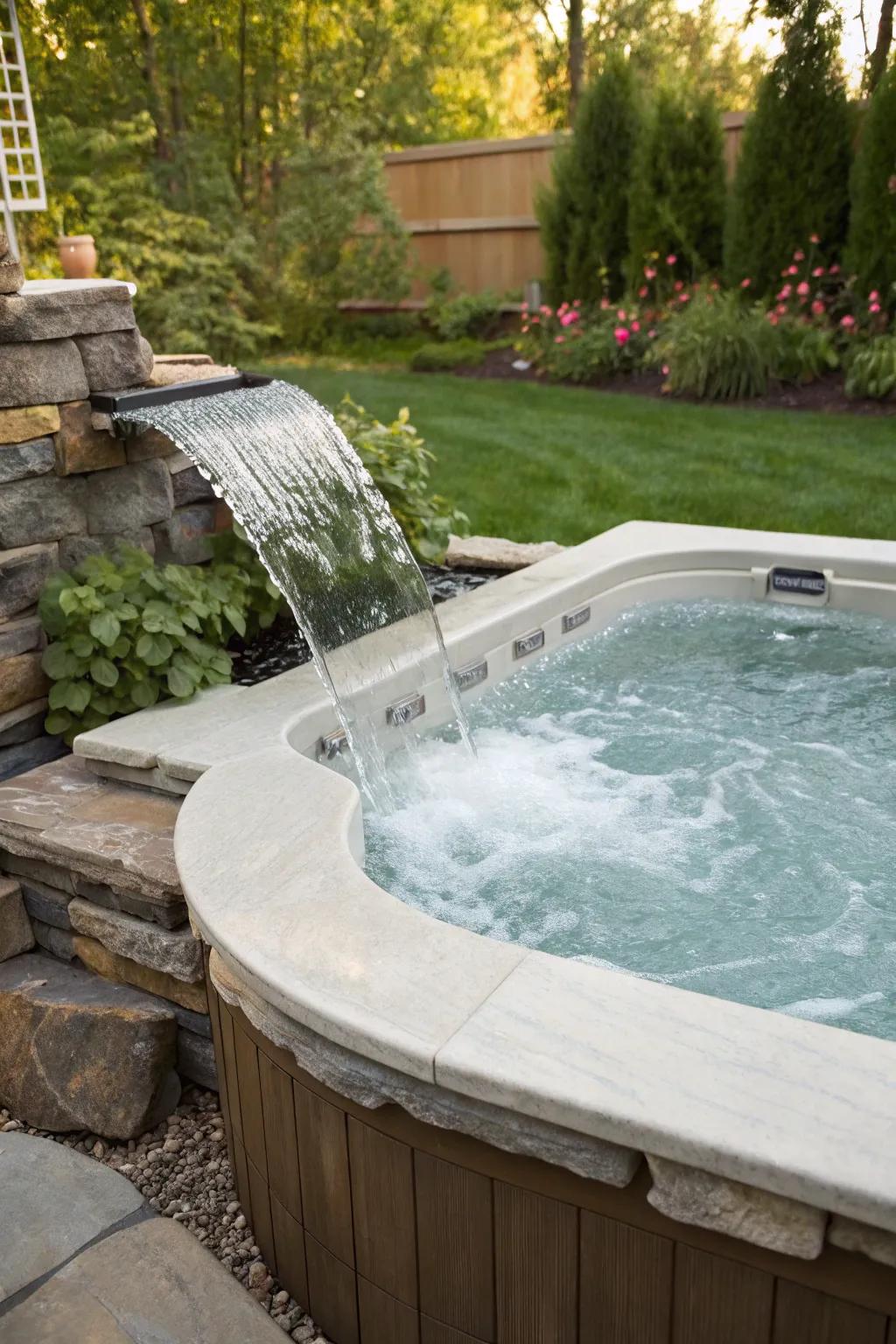 A waterfall adds a soothing sound and visual element to your hot tub area.