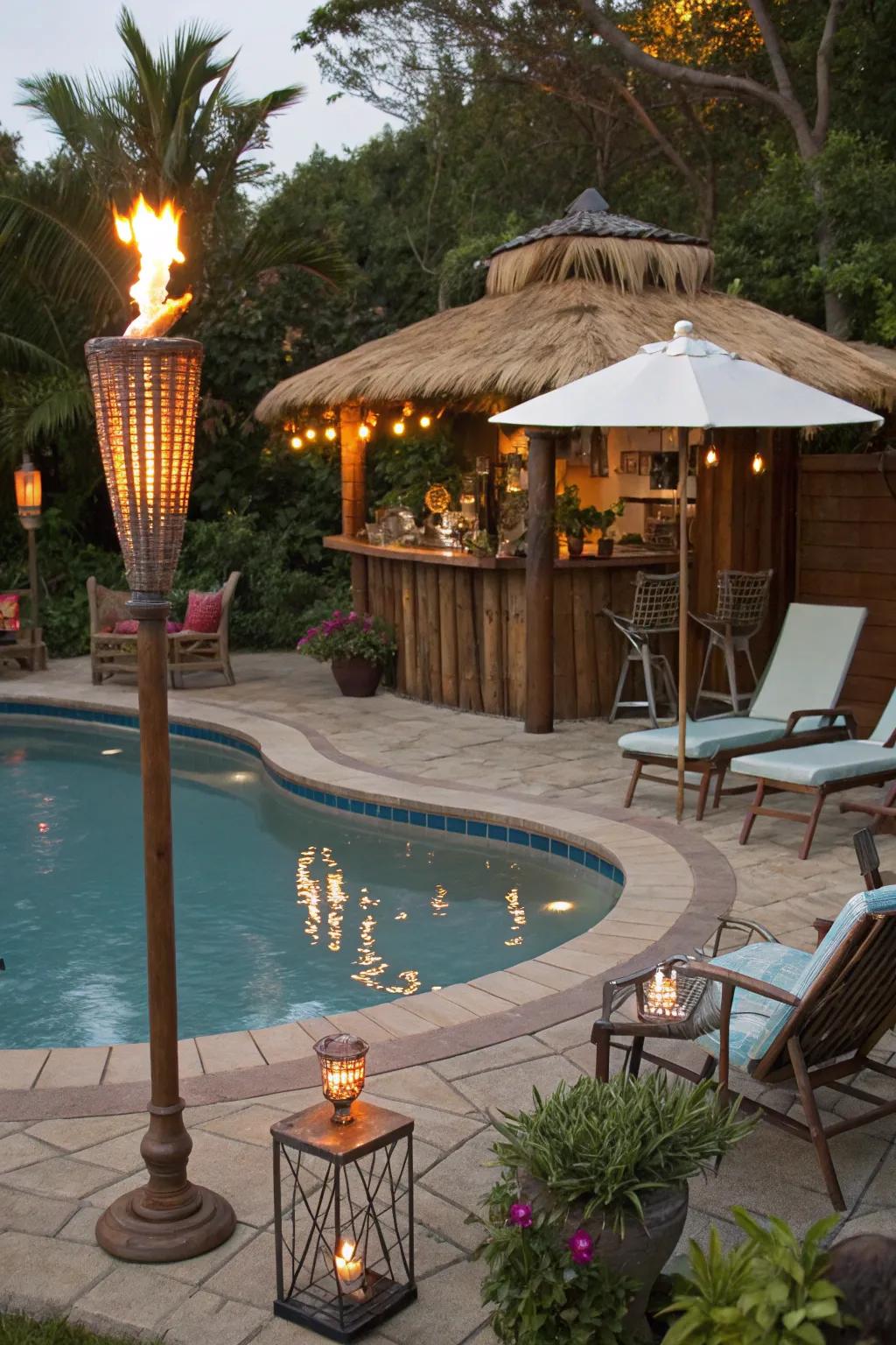 Tropical torches enhance the island feel of your poolside escape.