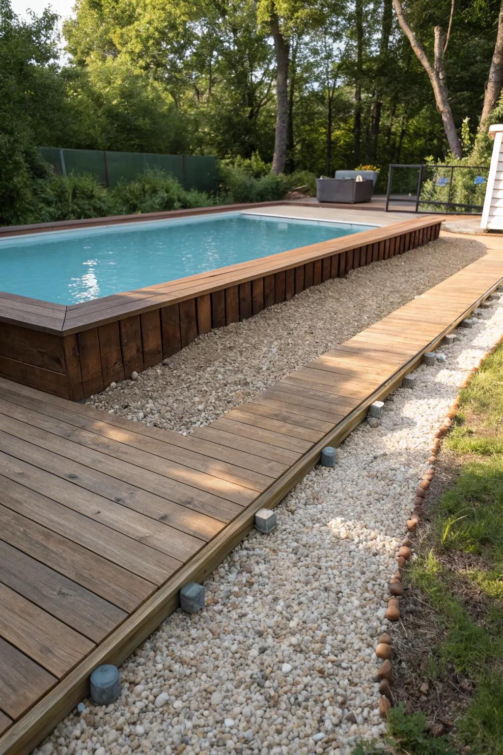 Enhance your poolside experience with a gravel path that defines and enhances your above-ground deck without breaking the bank.