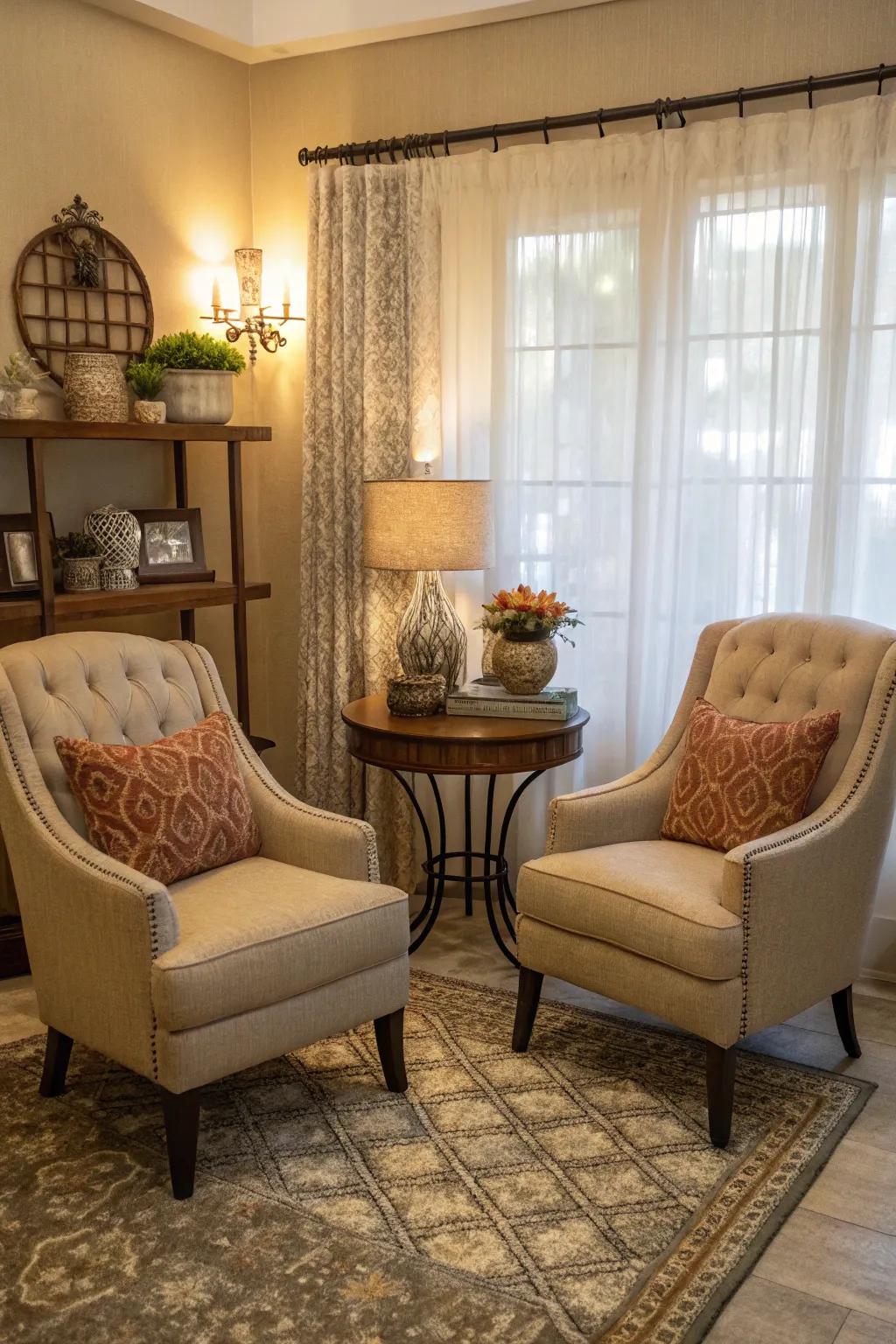 A chatting area with two facing chairs invites intimate conversations.