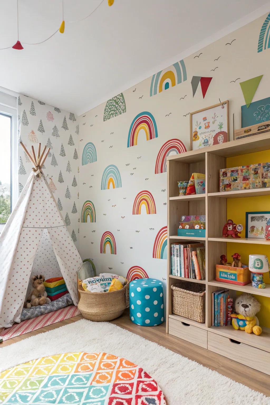 Playful wallpaper adds charm and fun to a child's area.