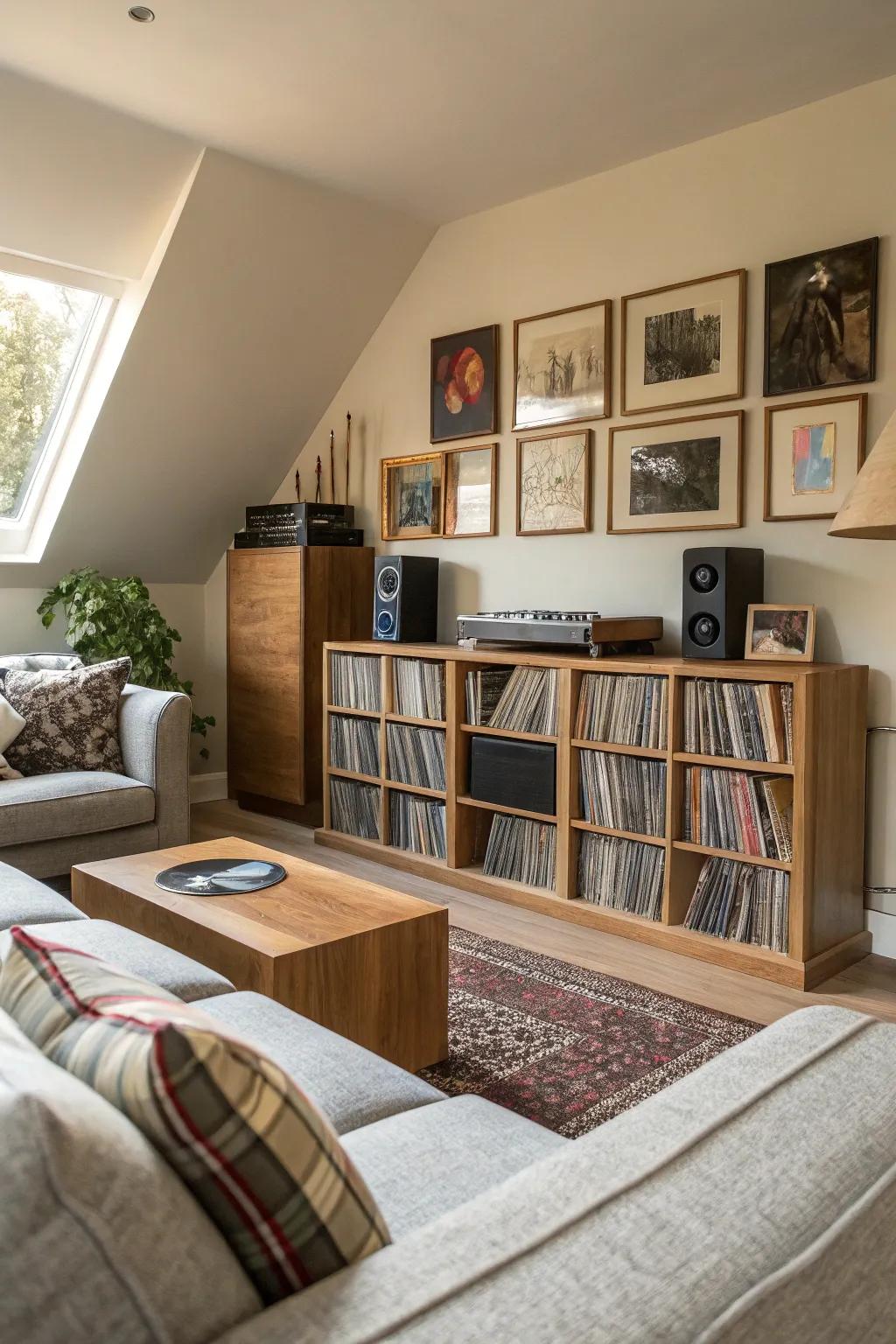 Album storage blending effortlessly into a stylish living room arrangement.
