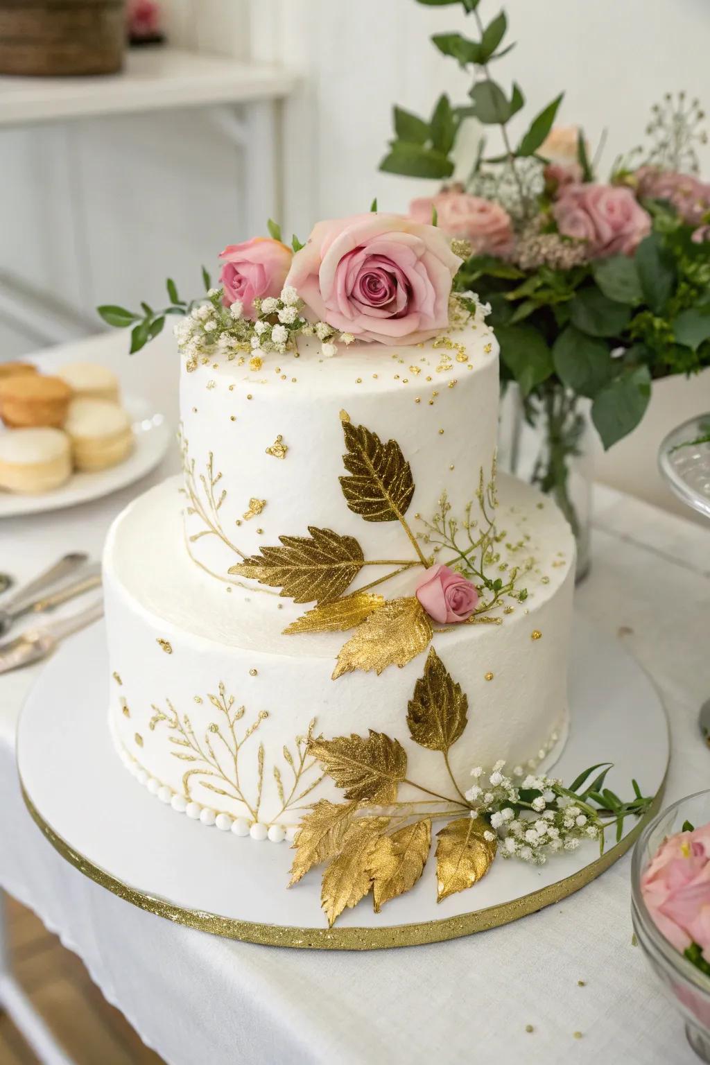 An elegant white cake acts as a gorgeous focal point.