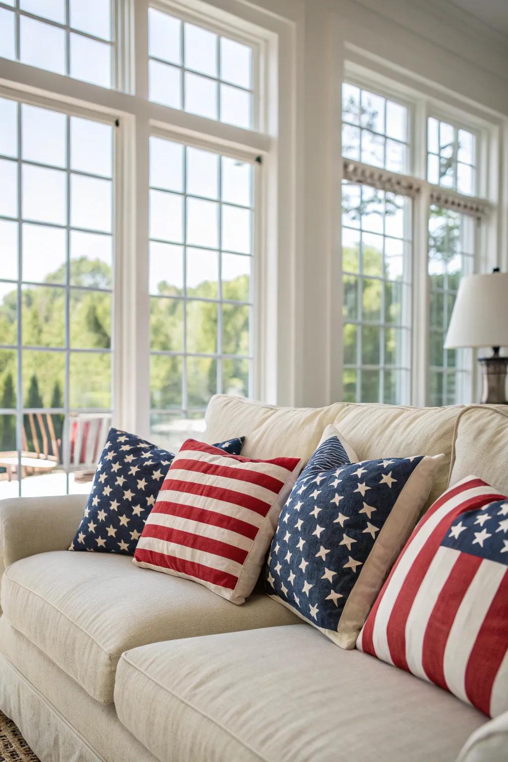 The patriotism of this living area is subtly boosted by Stars and Stripes-themed cushions.
