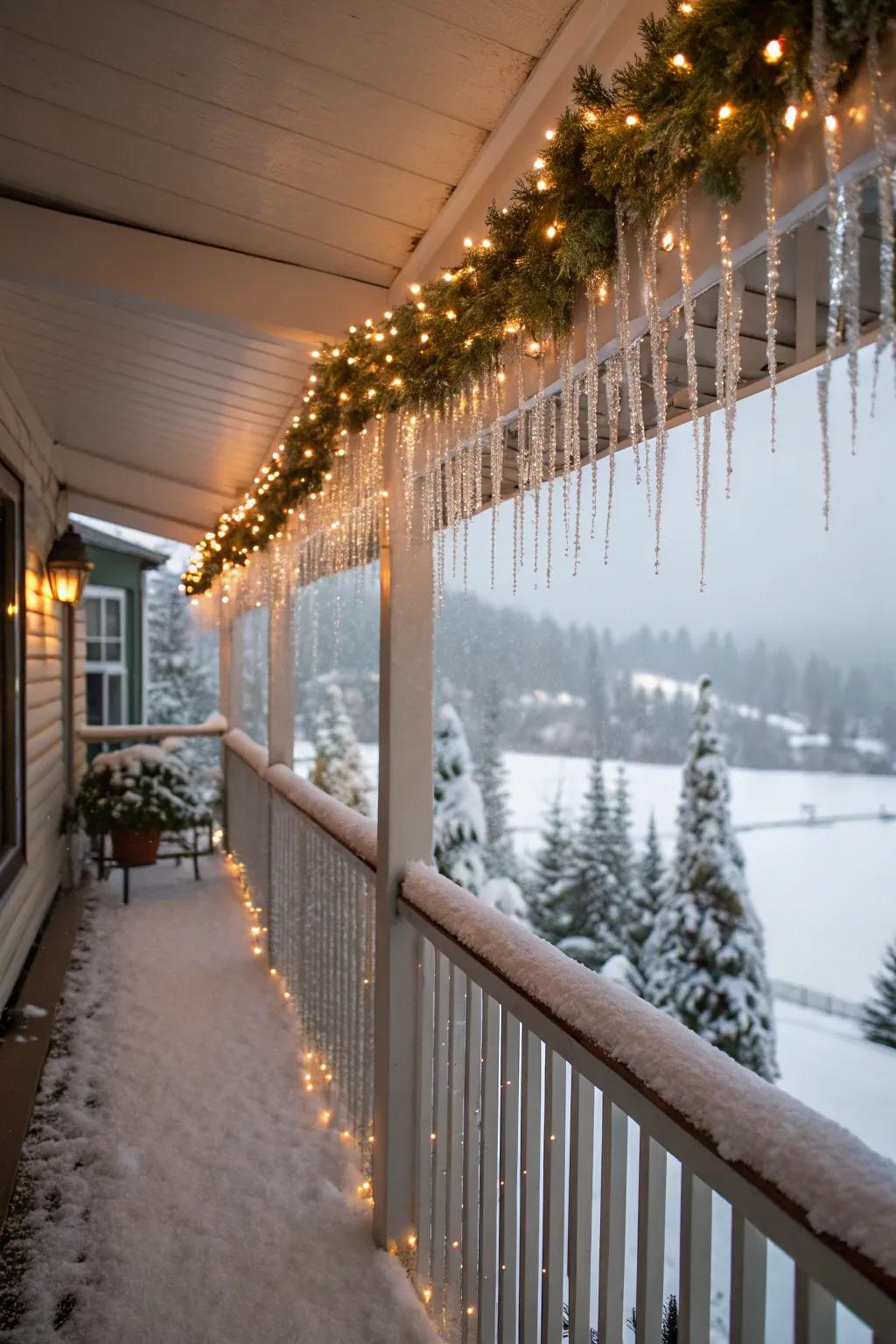 A wintry wonderland motif metamorphoses this balcony into a celebratory refuge.