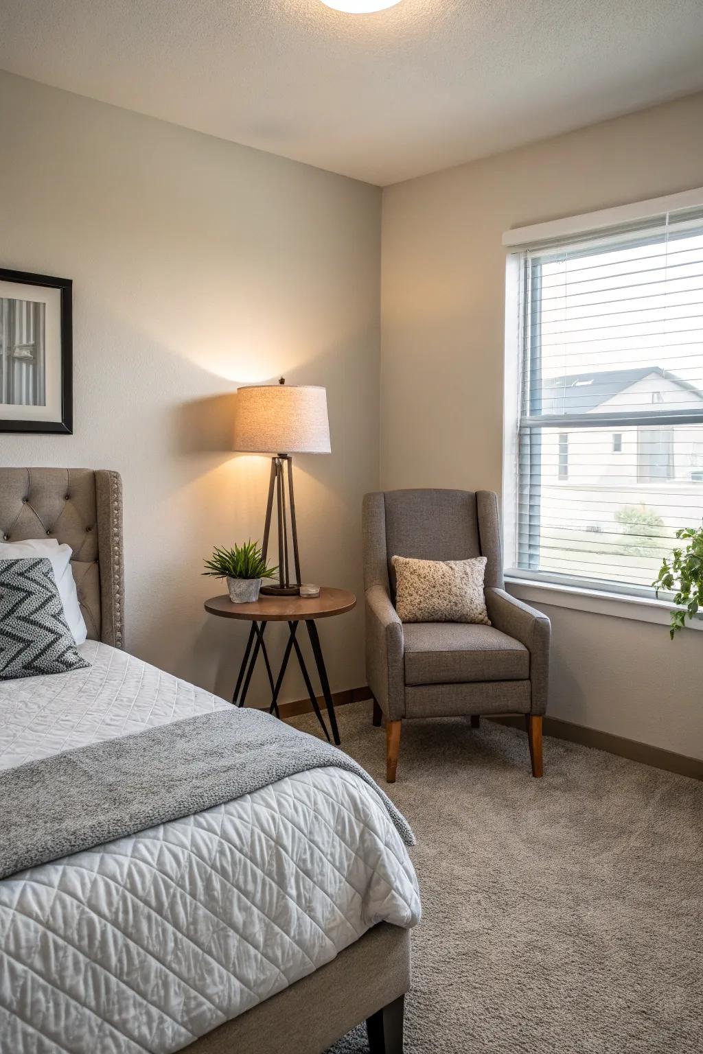 An apartment bedroom featuring charming accent pieces like a unique chair and side table.