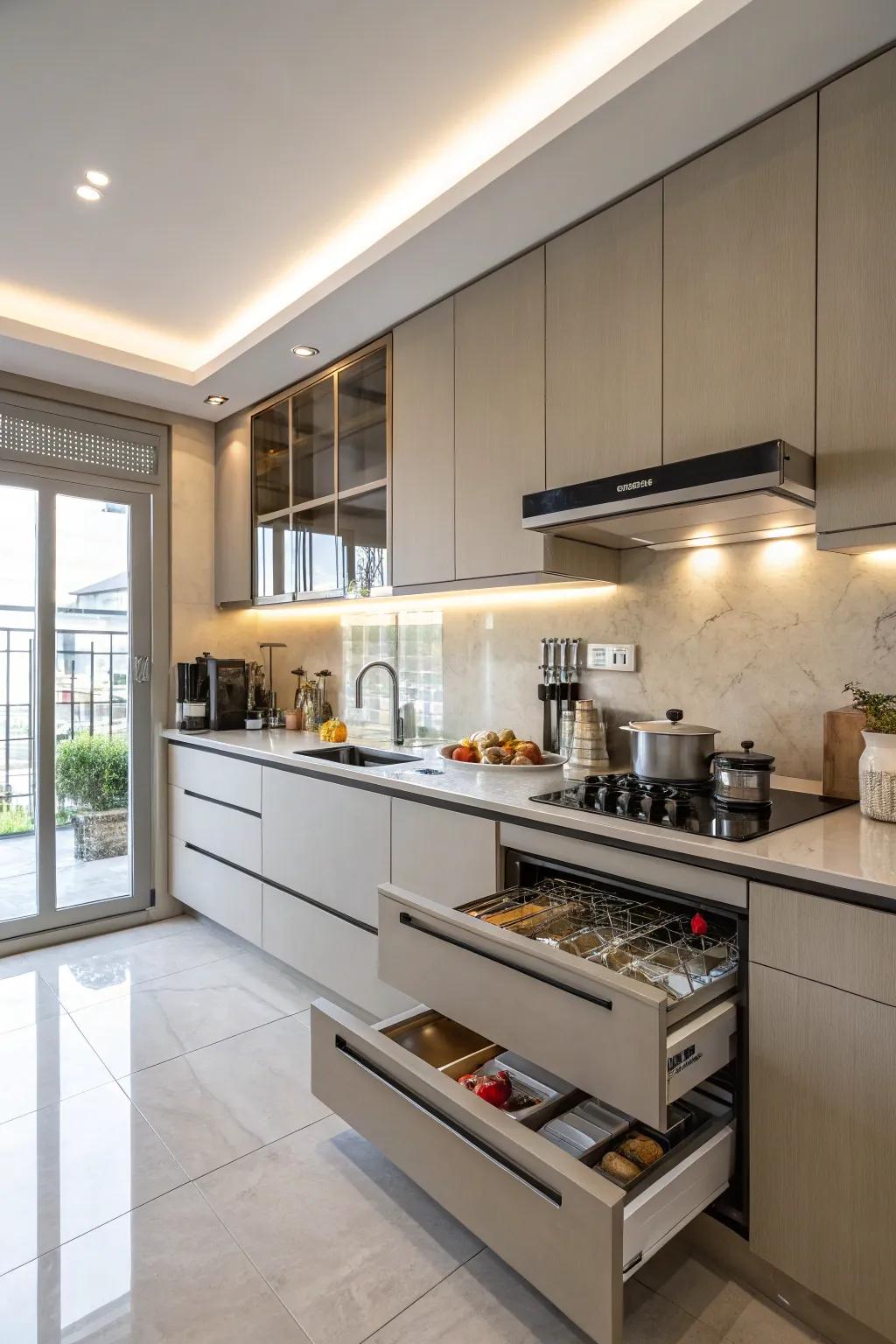 Countertop broadenings allow for easy appliance access and storage, enhancing kitchen utility.