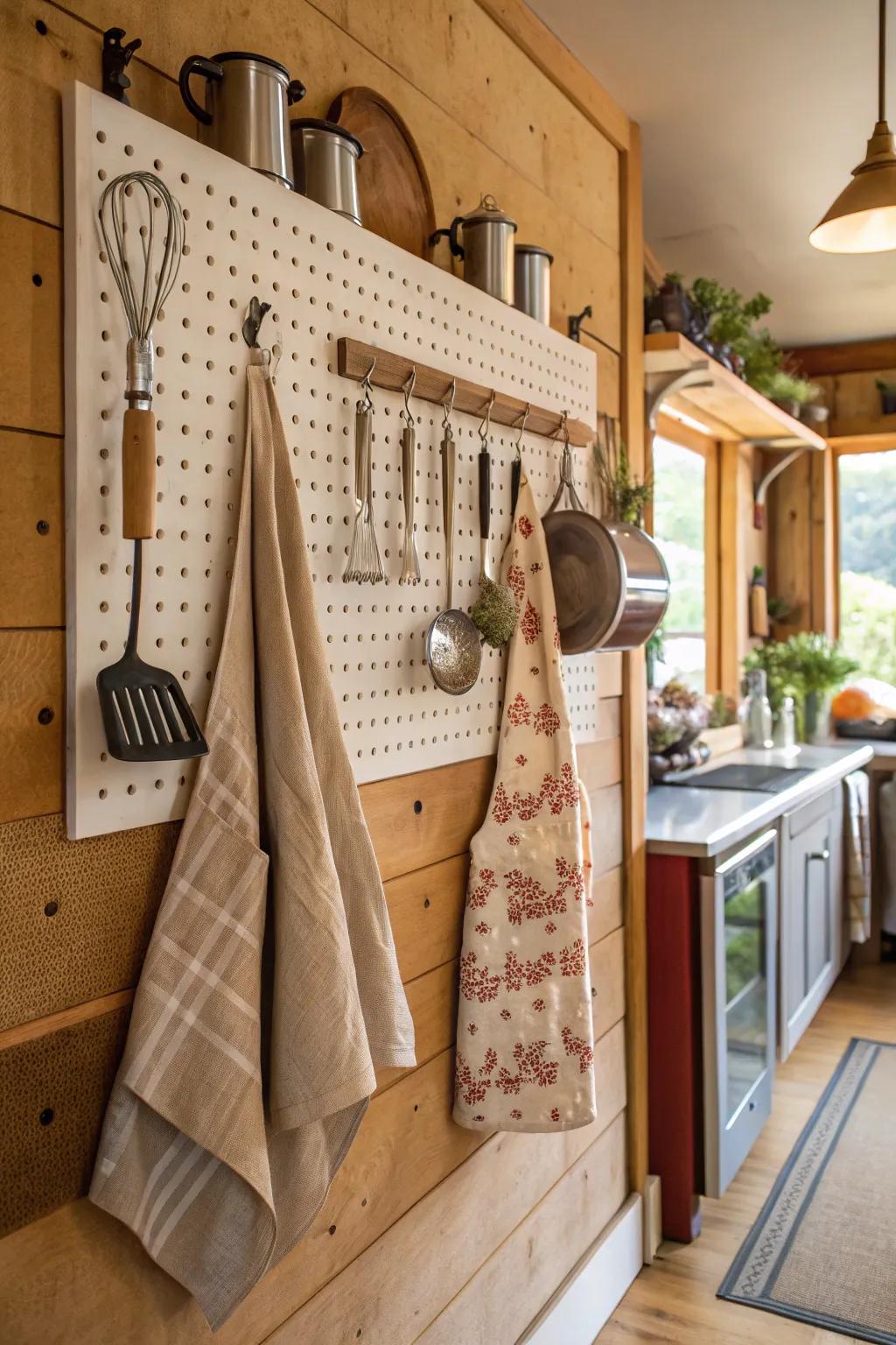 A pegboard offers style and practicality for apron arrangements.