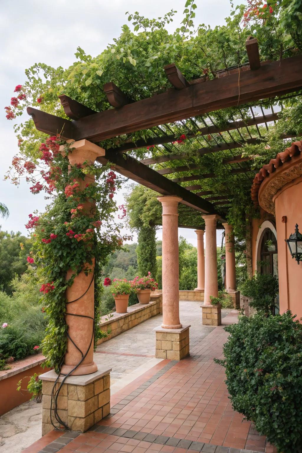 A Mediterranean-inspired arbor with lush greenery and warm details.