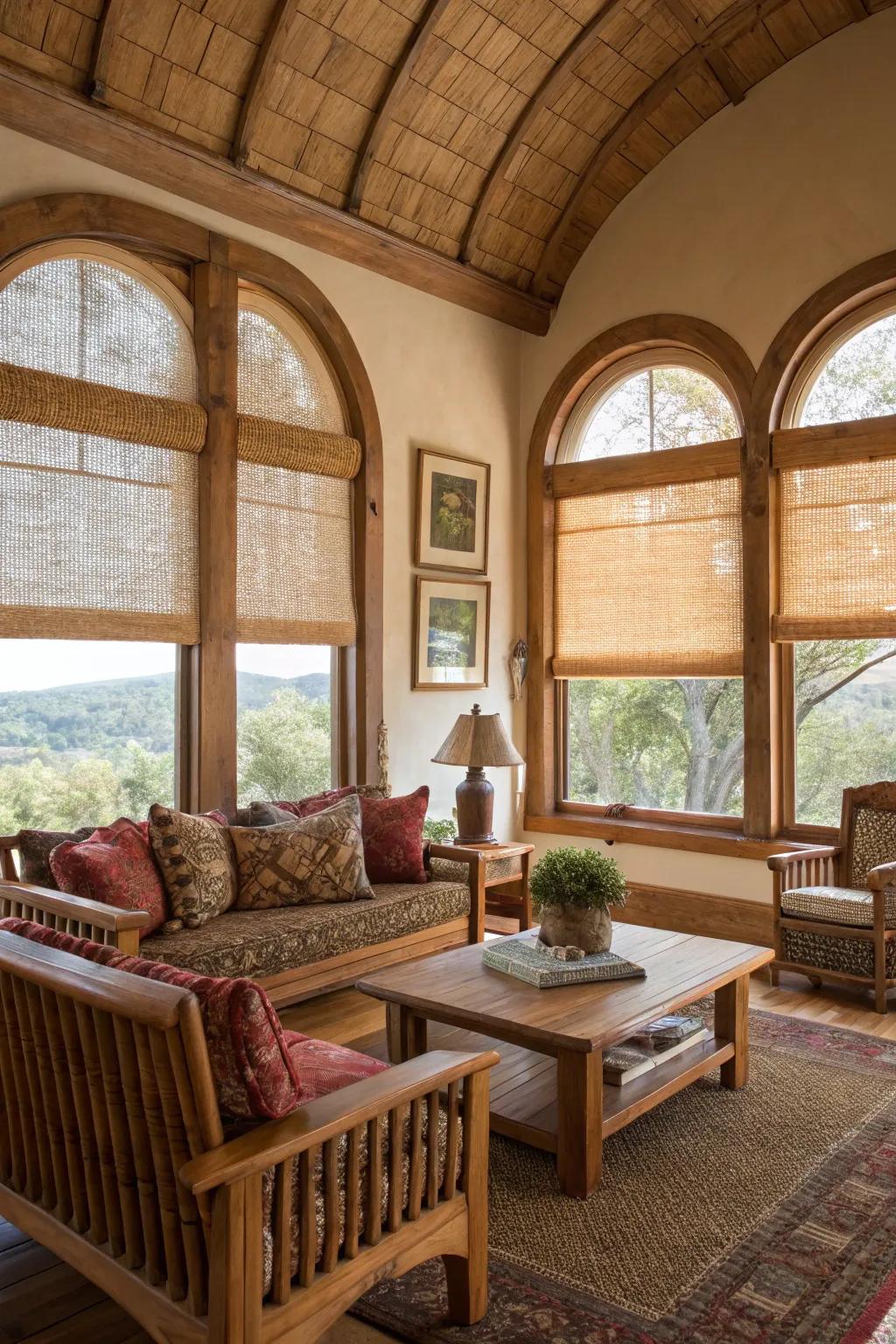A rustic parlor is enhanced with interwoven screens on arched windows, celebrating organic textures and natural forms.