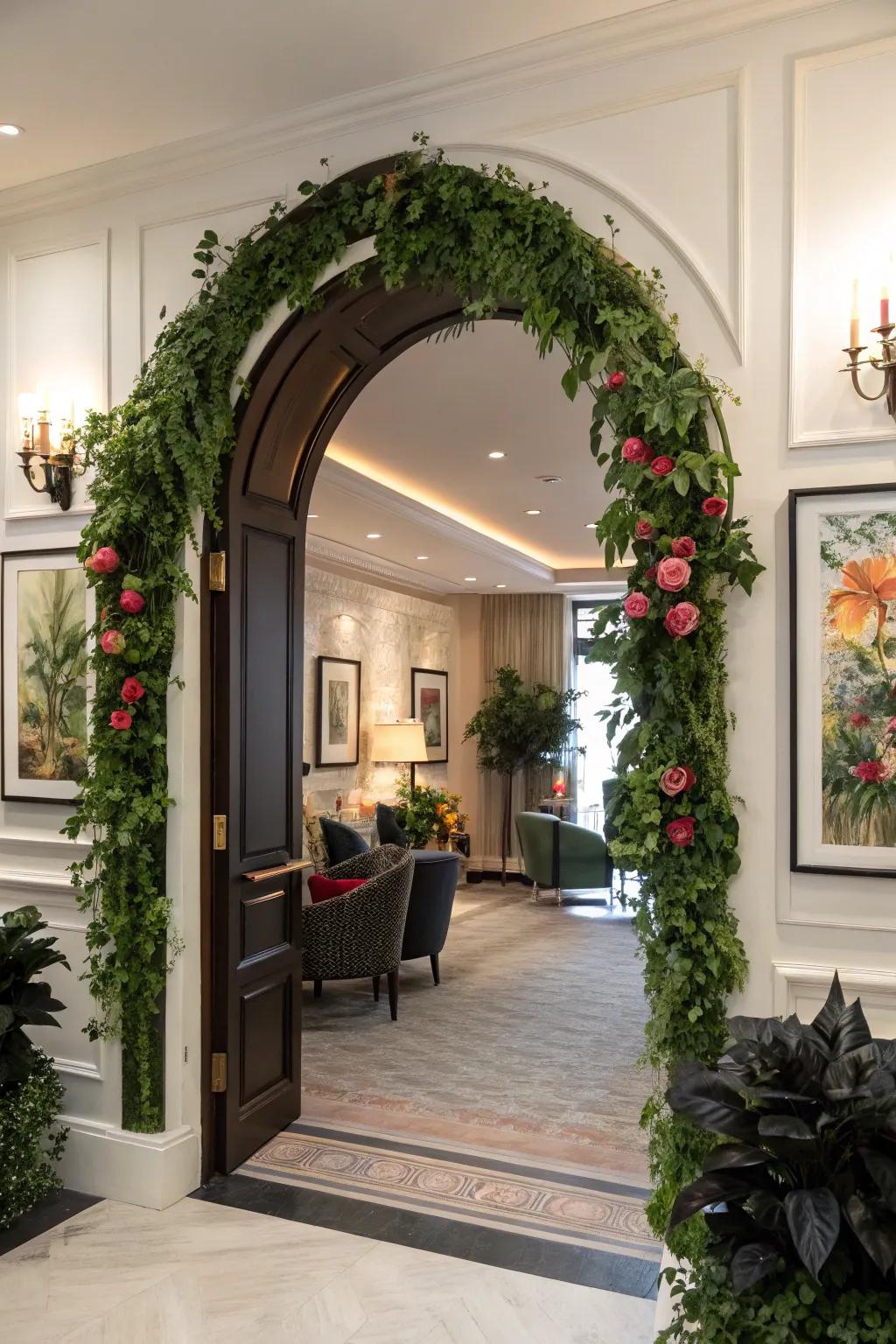 A chic archway door accentuated with plants and artwork for added flair.