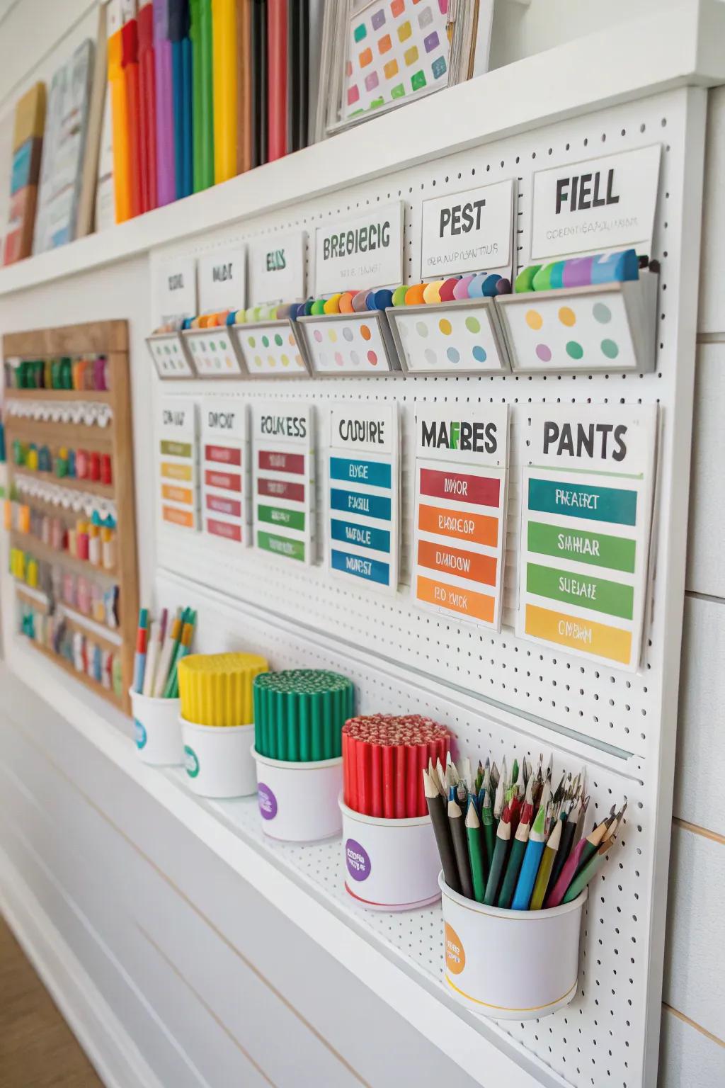 An organized bulletin board with labeled sections for art materials.
