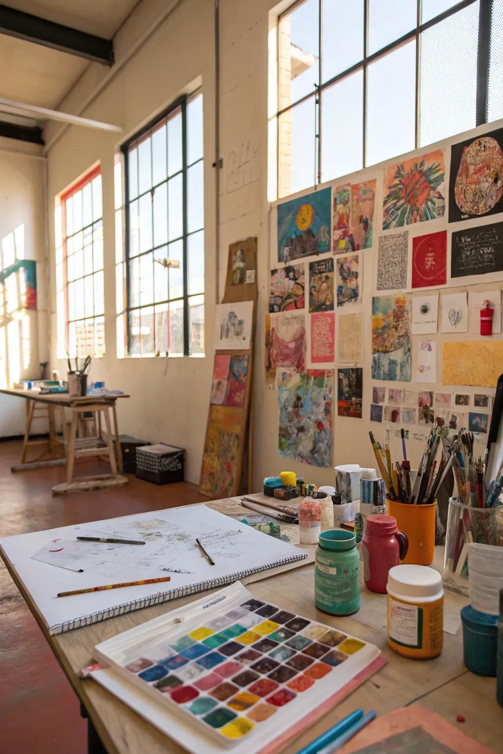 A mixed media collage artwork contributes a personal and diverse accent to this artistic studio.