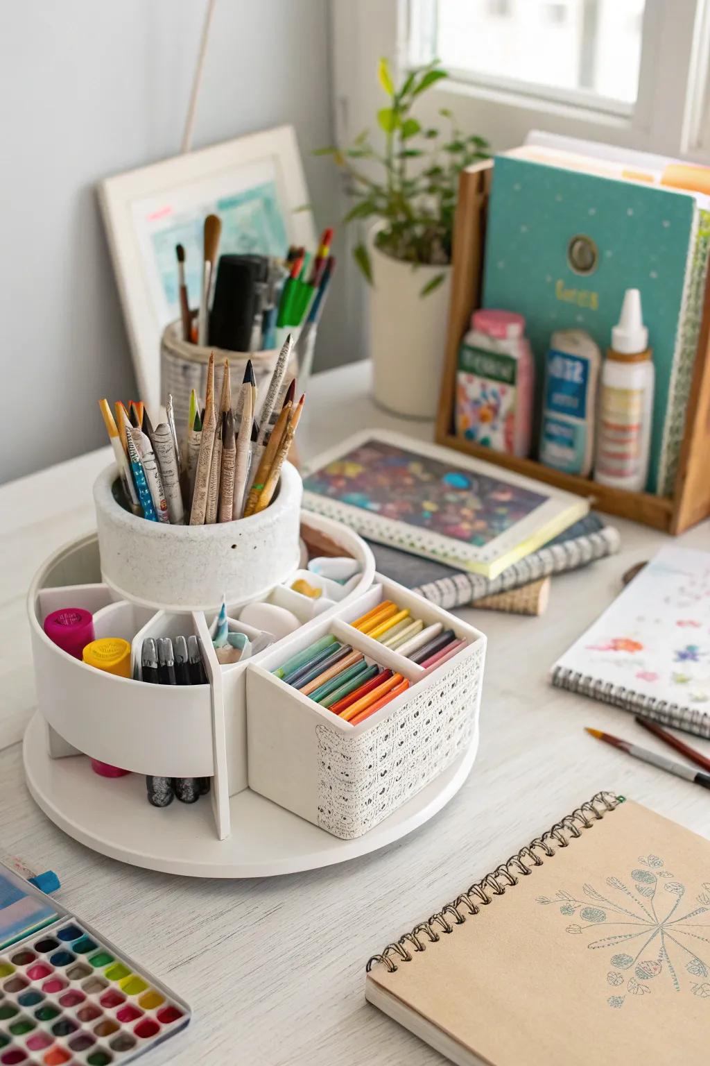Rotating caddies offer easy access to your art supplies.