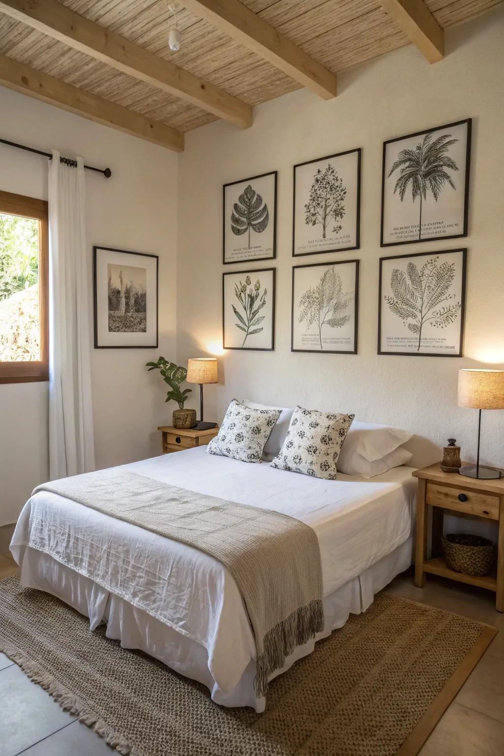 Simple artistry imparts a calm sense to the sleeping quarters.