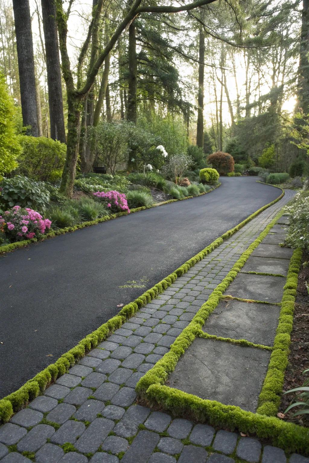 Moss-filled pavers add a touch of nature to this eco-friendly driveway.