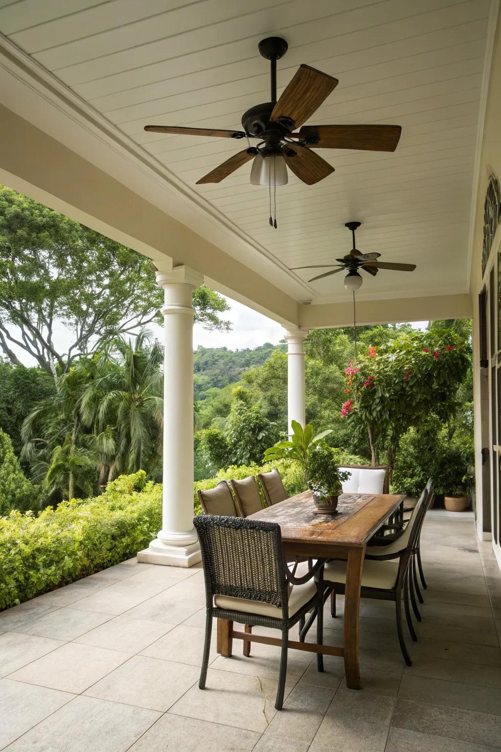 An overhead fan ensures comfort on balmy days.