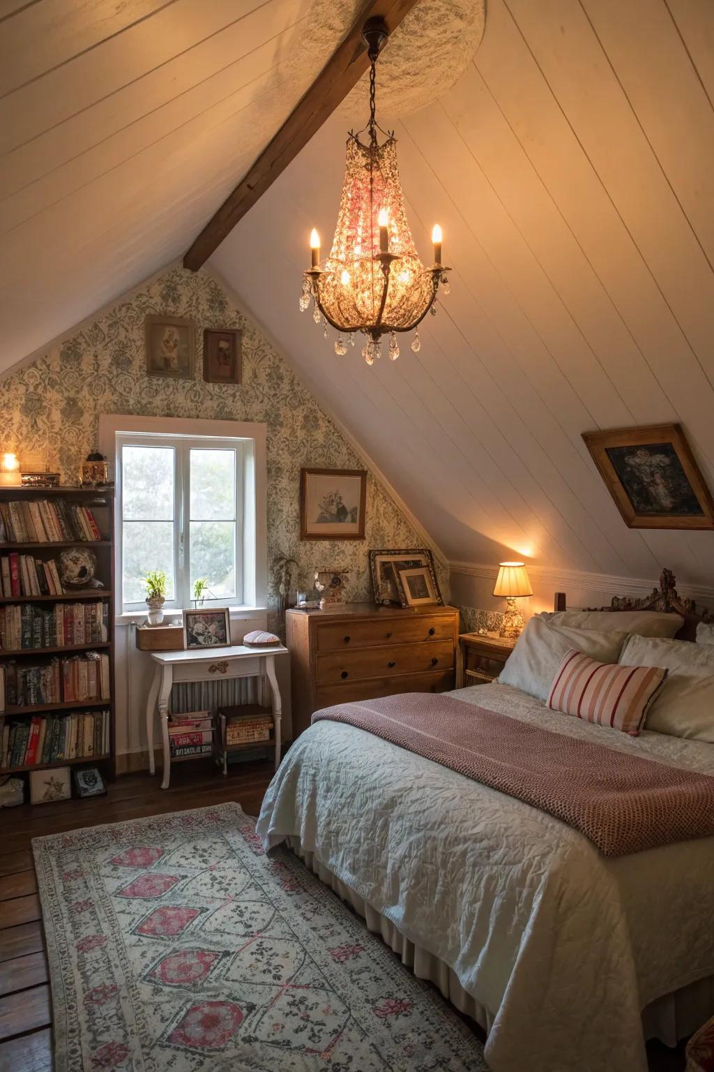 Warm lighting establishes an inviting and cozy tone in your attic bedroom.