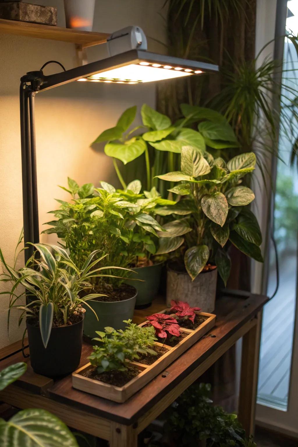 A cozy corner plant nook brightened by a focused plant light.