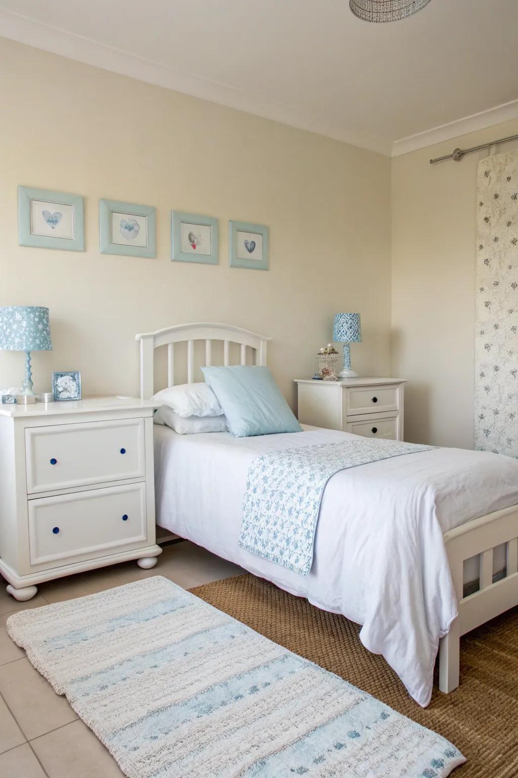 Contemporary minimalism meets tranquility in a sky blue bedroom theme.