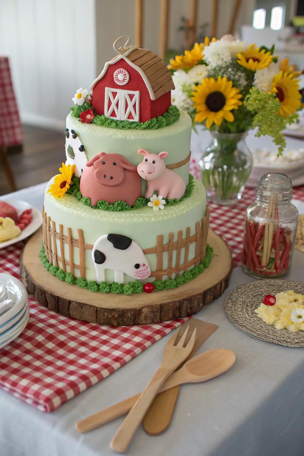 A farm life-inspired cake featuring charming animal decorations.