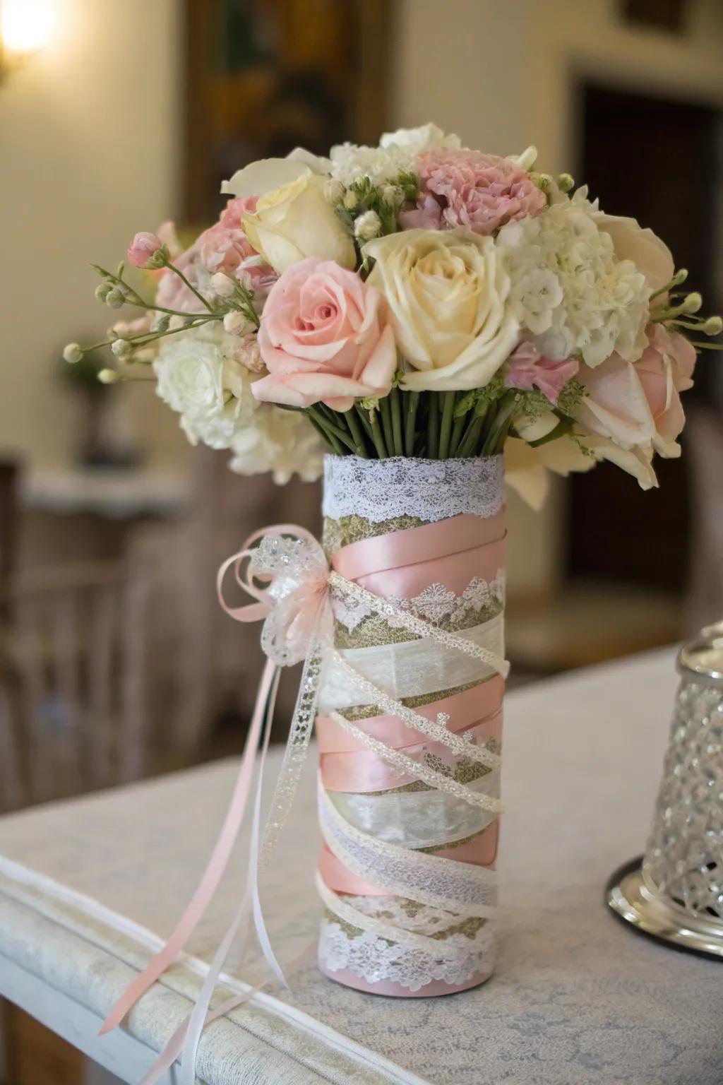 Elegant centerpiece with layered beauty bands and fine weave.