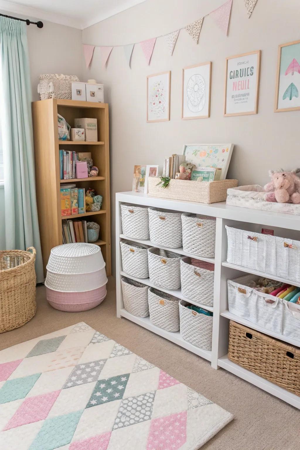 Woven baskets and shelves add function and style to storage.