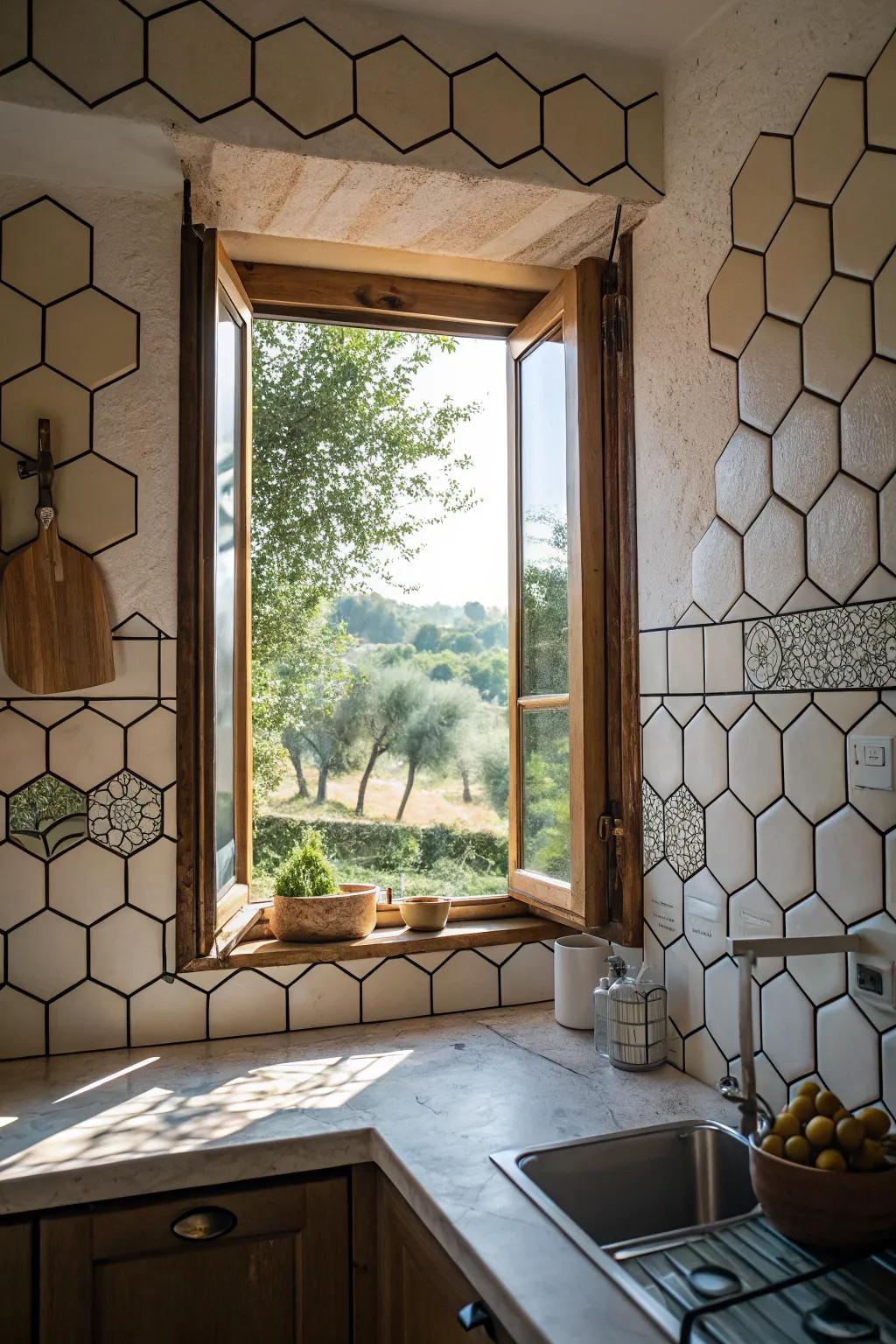 Shaped six-sided tiles creating a unique design around a kitchen window.
